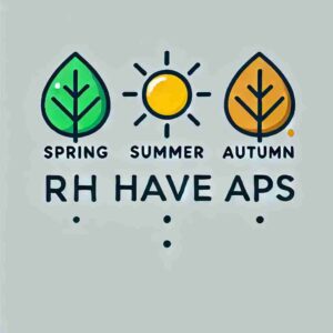 Minimalistisk illustration af årstiderne forår, sommer og efterår med firmanavnet RH Have ApS, symboliseret ved et grønt blad, en sol, og et brunt blad.